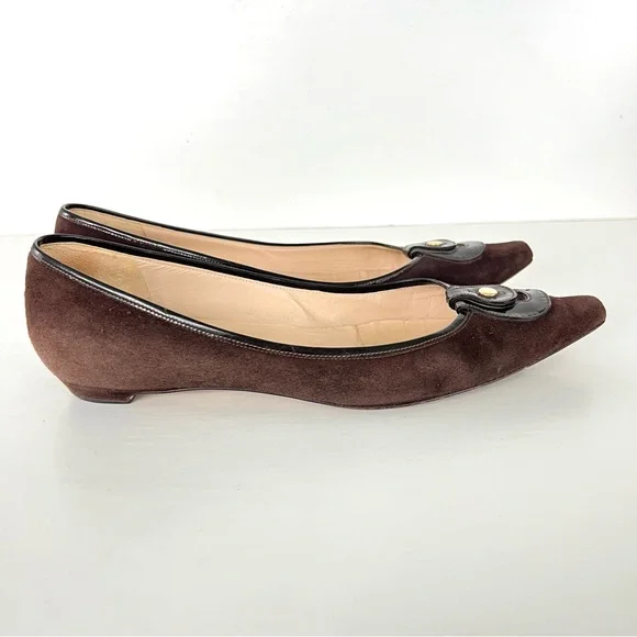 JIMMY CHOO Brown Suede w Leather Accent Close Pointy Toe Slip On Flats Sz 39 1/2